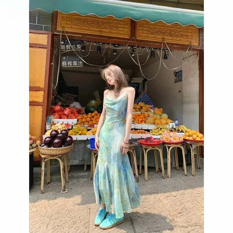 

Women's Summer Slim Fit Sexy Mint Vacation Long Dresses French Style High-Grade Sweet Girls Sleeveless Fishtail Sling Dress