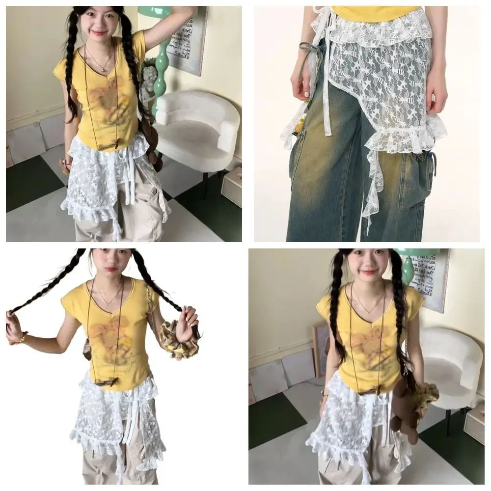

Embroidered Flower Lace Mini Skirt Irregular See Through Lace Up Ruffles Skirt Harajuku High Waist Ruched Skirts