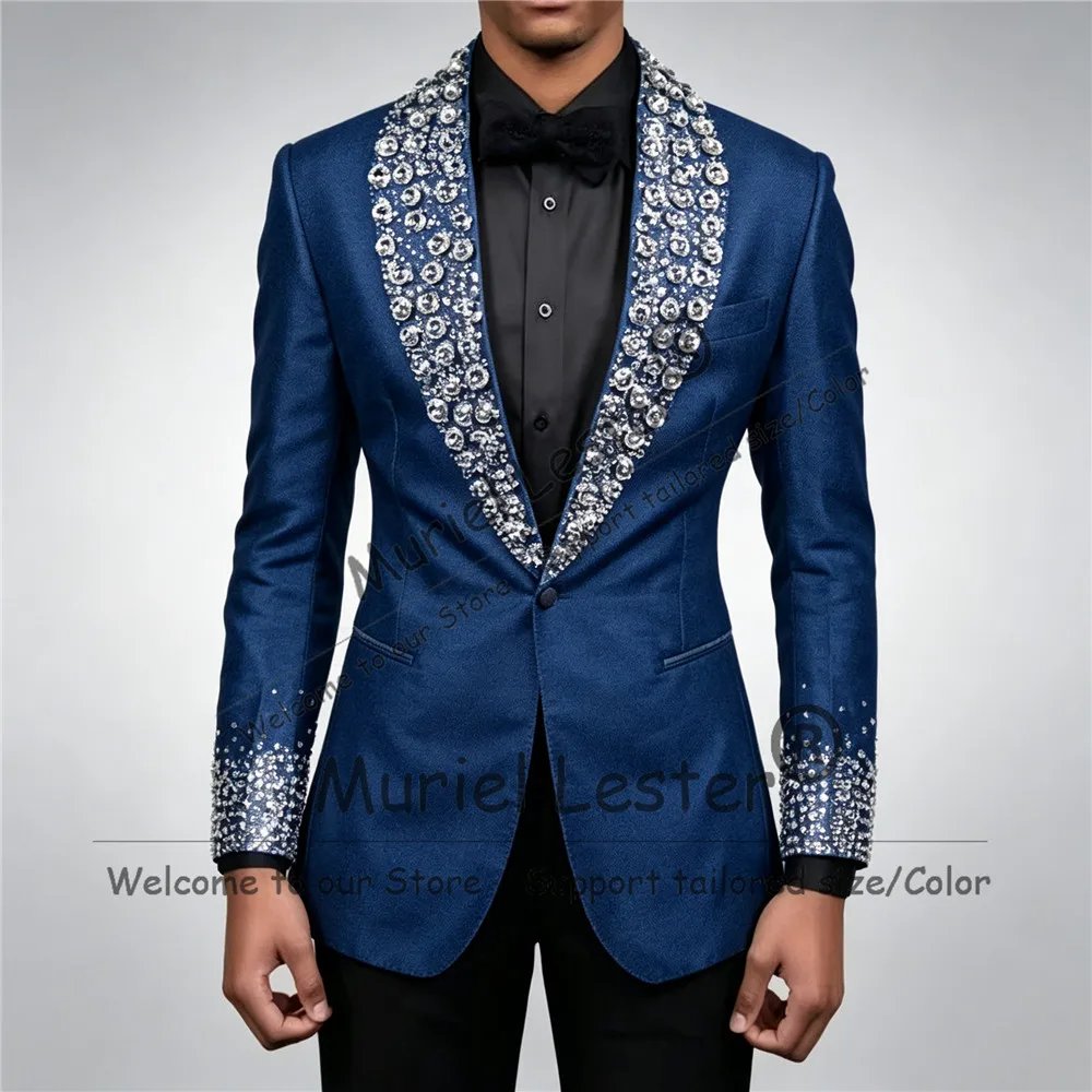 Man Unique Tuxedo Suit For Wedding Sliver Diamond Beading Sequin Prom Blazer With Black Pants 2 Pieces Sets Groom Wear Attire