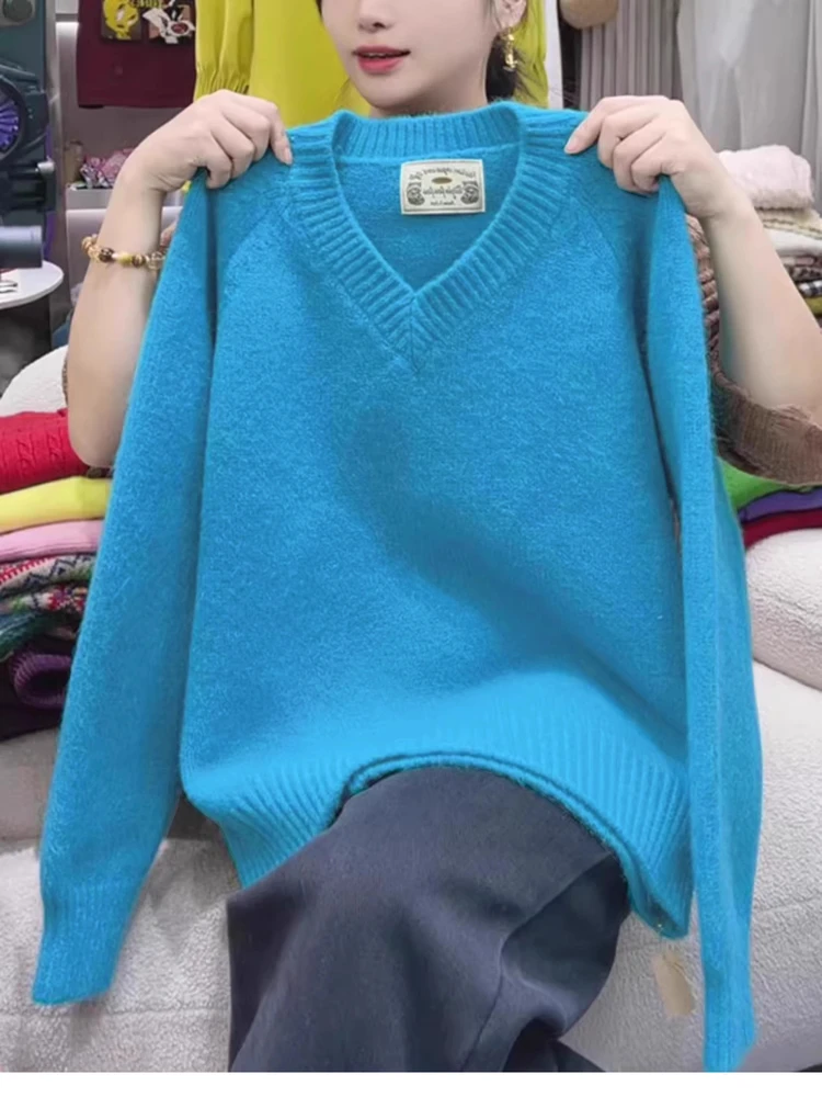 Pull tricoté doux et confortable pour femme, couche de Base Orange v-ne, coupe ample, chaud, automne hiver, Faion, haut Long Sve