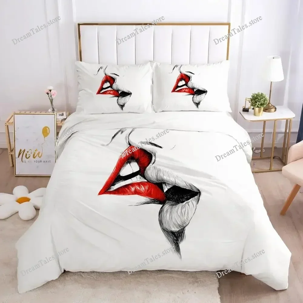 Red Lips Duvet Cover Set Queen Polyester Love Twin Bedding Set Sexy Theme Adult Couple Comforter Cover 3D Kiss Marks Quilt Cover