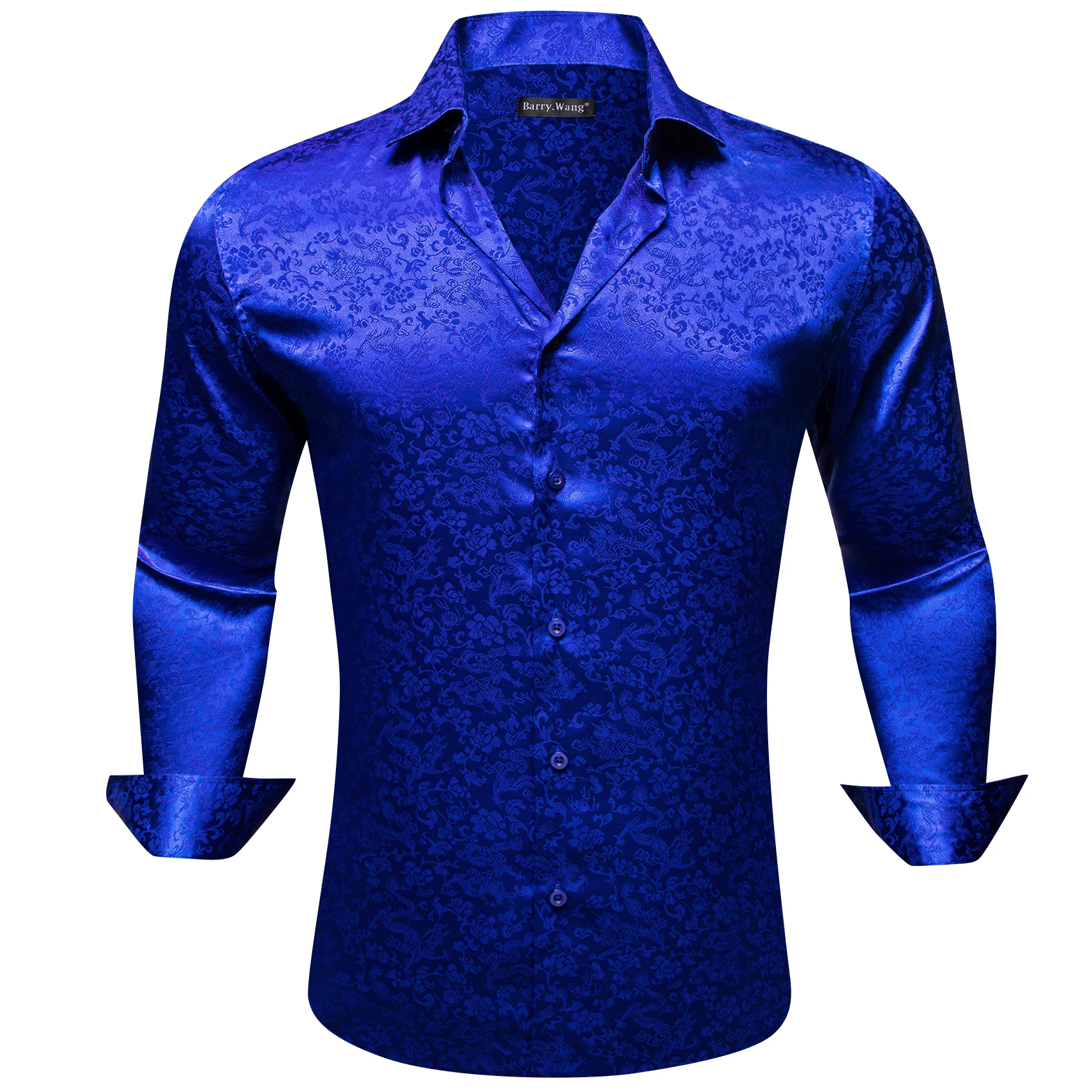 Luxury Shirts for Men Silk Satin Long Sleeve Royal Blue Flower Male Blouses Casual Lapel Tops Breathable Streetwear Barry Wang