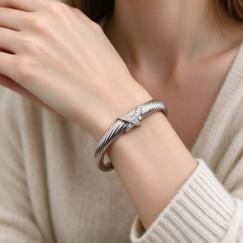 7mm Twisted Cable Cuff Bangle Bracelet forWomen, Single X Shaped Station with Pave CubicZirconia, Silver Tone Alloy Open Wire Bangle,Chic Stackable, X Cross Motif, Bold Cable, DailyWear Party, Perfect Gift for Her Women Ladies,Great Birthday Annivers