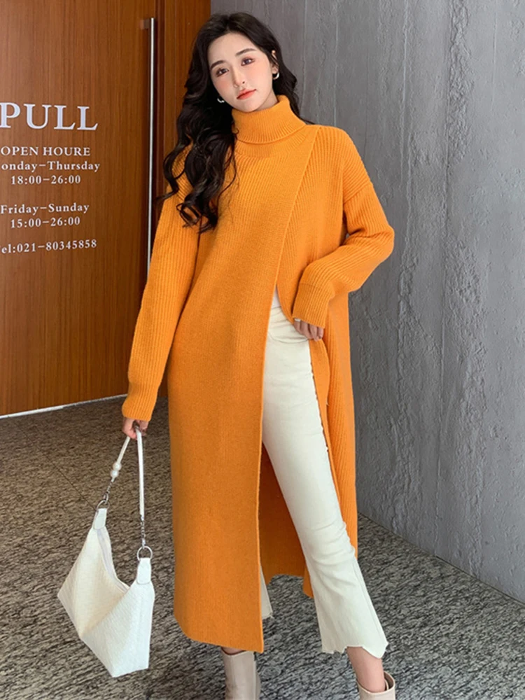 [EAM] Women Orange Knitting Long Slit Big Size Dress New Turtleneck Long Sleeve Loose Fit Fashion Spring Autumn 2024 1DE5886