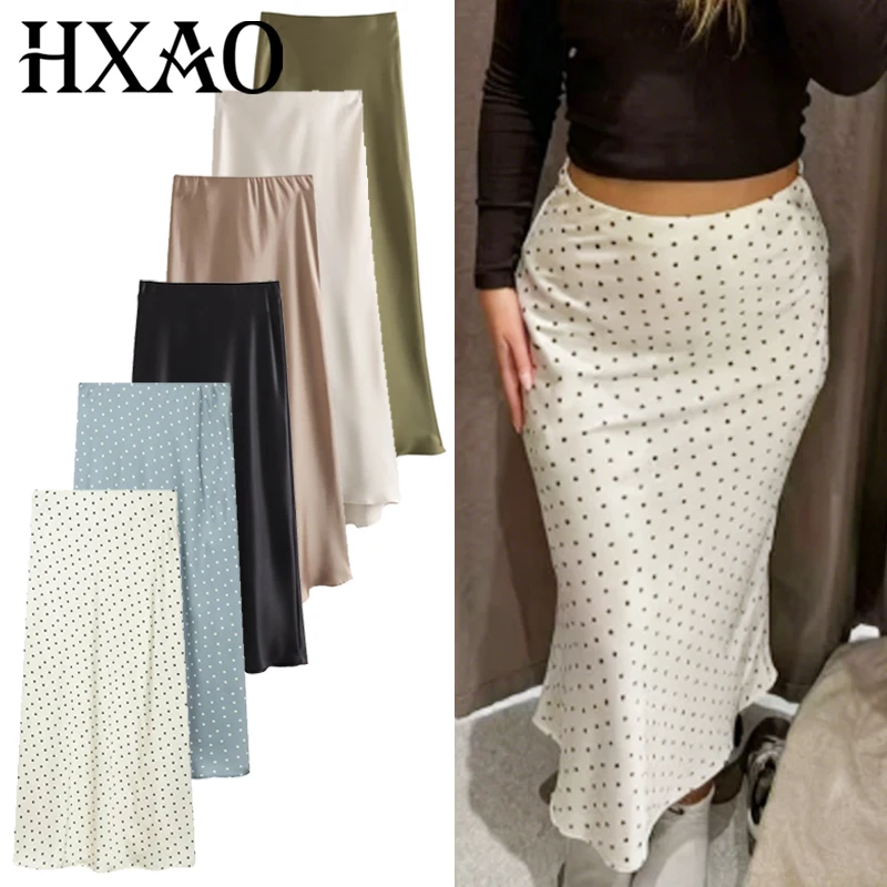 HXAO 2026 Women's Midi Satin Skirts Summer Polka Dot A -Line Smooth High Waist Skirt Black White Green Khaki Skirts Party Skirt