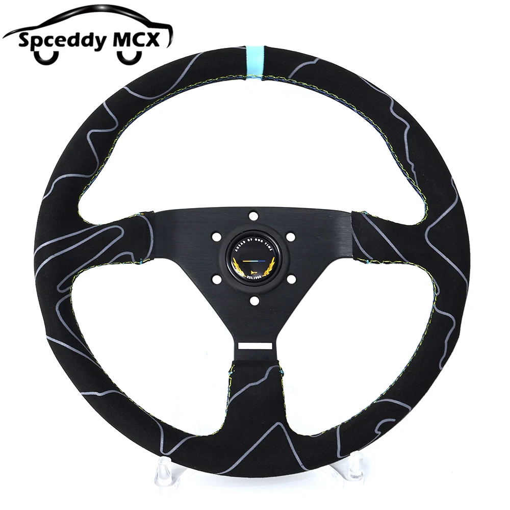 JDM Suede Leather Steering Wheel Drift Sport Pull Up Steering Wheel 14inch 350mm Flat V1
