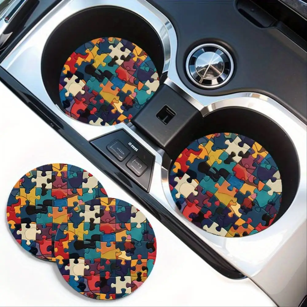 Colorful Puzzle Pattern Non-Slip Rubber Car Cup Holder Coasters Vehicle Interior Accessories