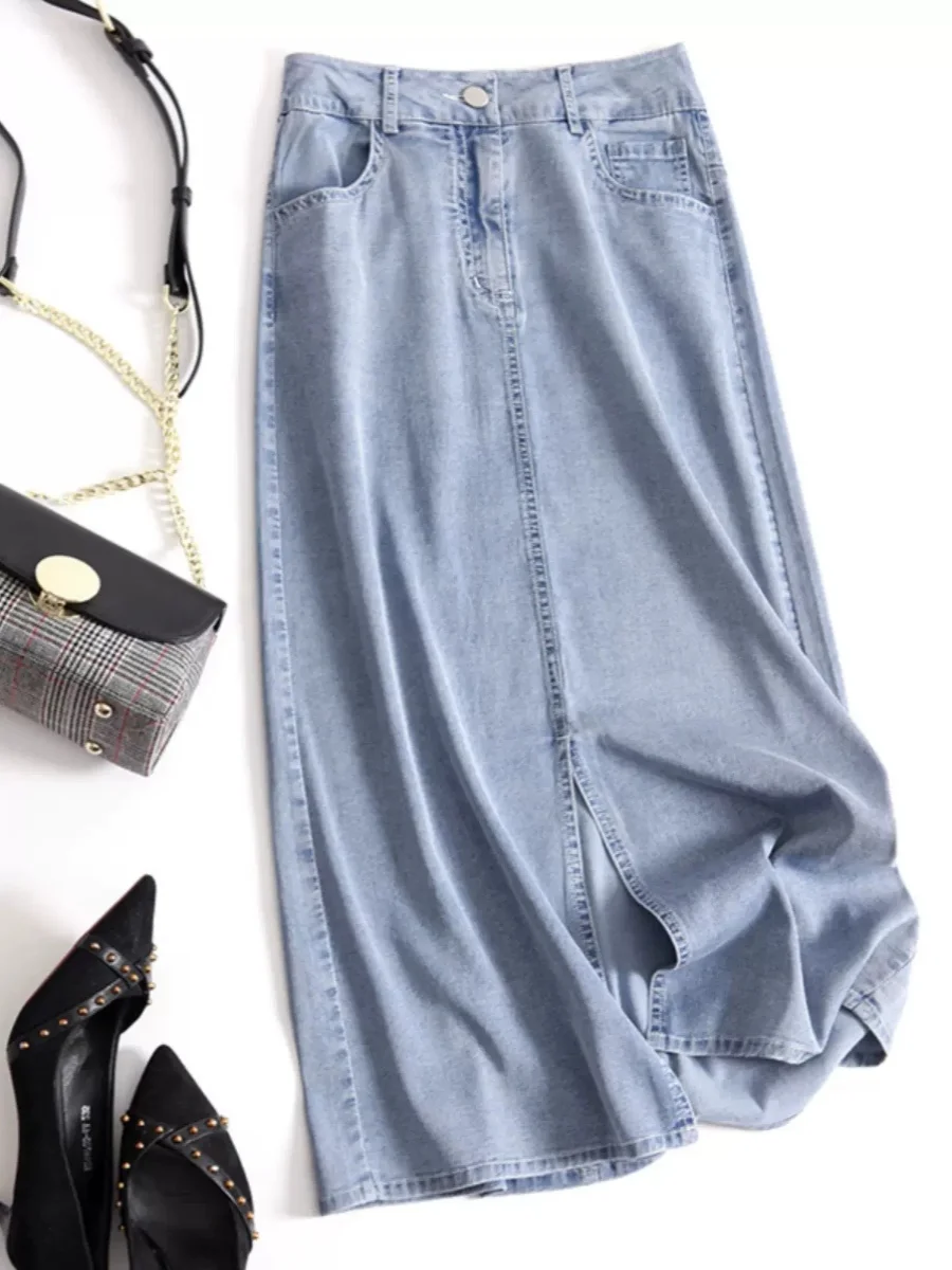 

plus Size Women's Summer Casual Thin Denim Skirt High Waist A-Line Midi Skirt Pockets Slimming Effect Comfortable Loose Fit