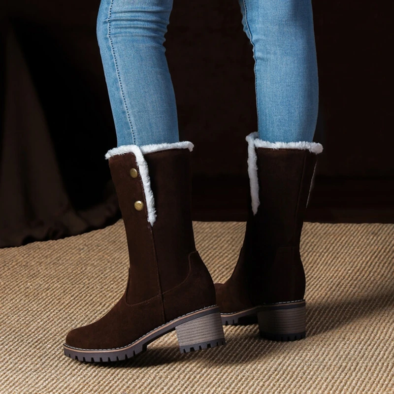 ORCHALISA Botas de nieve Vintage británicas para mujer, punta redonda, tacón de 5,5 cm, piel gruesa aterciopelada, pierna ancha sin cordones, talla grande 43, ropa diaria de vaquero