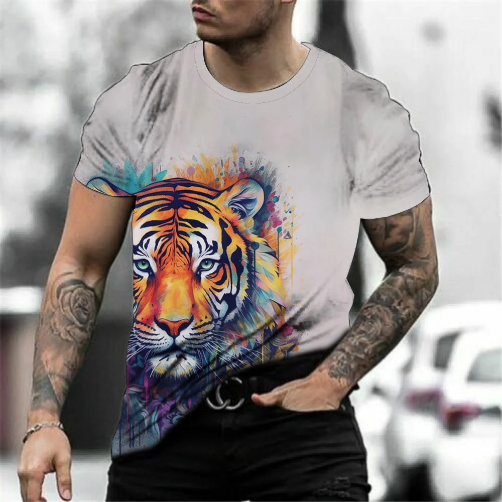 Tiger print men\'s T-shirt Harajuku 3D T-shirts animal pattern short sleeved clothing summer large retro men\'s round neck T-shirt