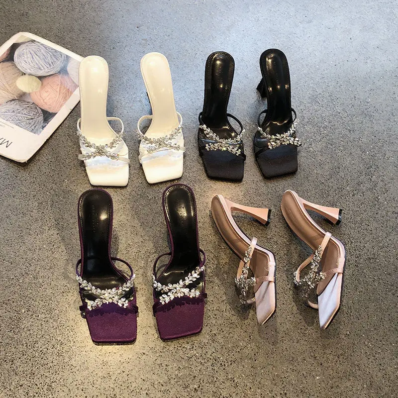 

Summer Premium Satin & Leather Rhinestone-Embellished Crisscross Strap Slide Sandals Square & Pointed Toe Comfort Heel Occasion