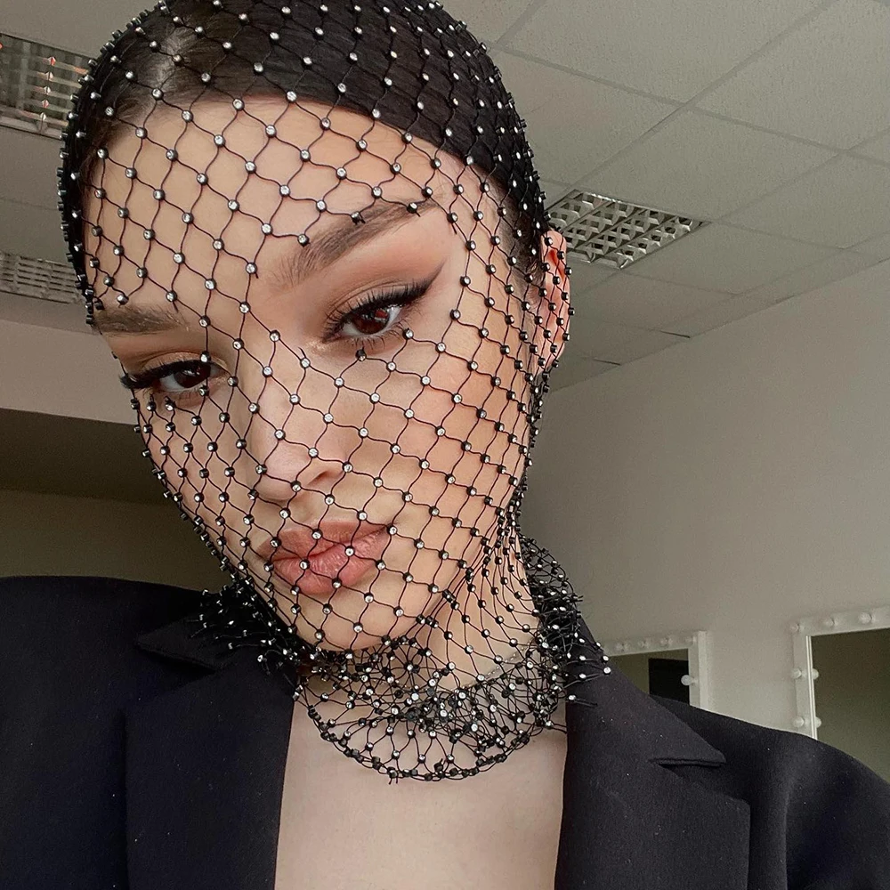 Shiny Balaclava Elastic Rhinestone Headcover Fishnet Mesh Headhood Holiday Party Head Mask Bar Nightclub Diamond Headwrap Hood