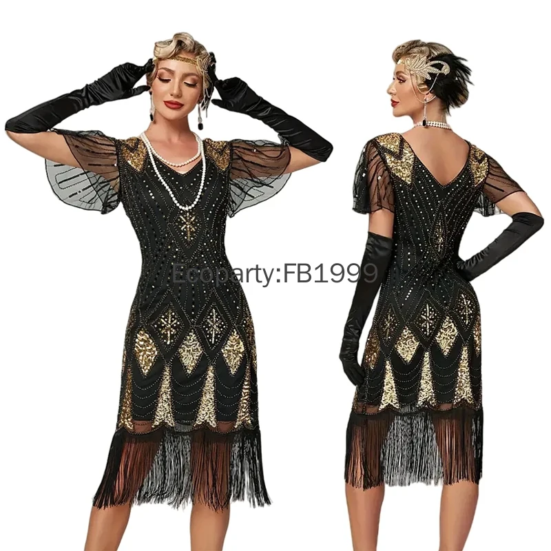 1920s Women Flapper Fringe Dress Sexy V-neck Butterfly Sleeve Sequin Banquet Party Evening Dress Ladies Vintage Gatsby Costumes
