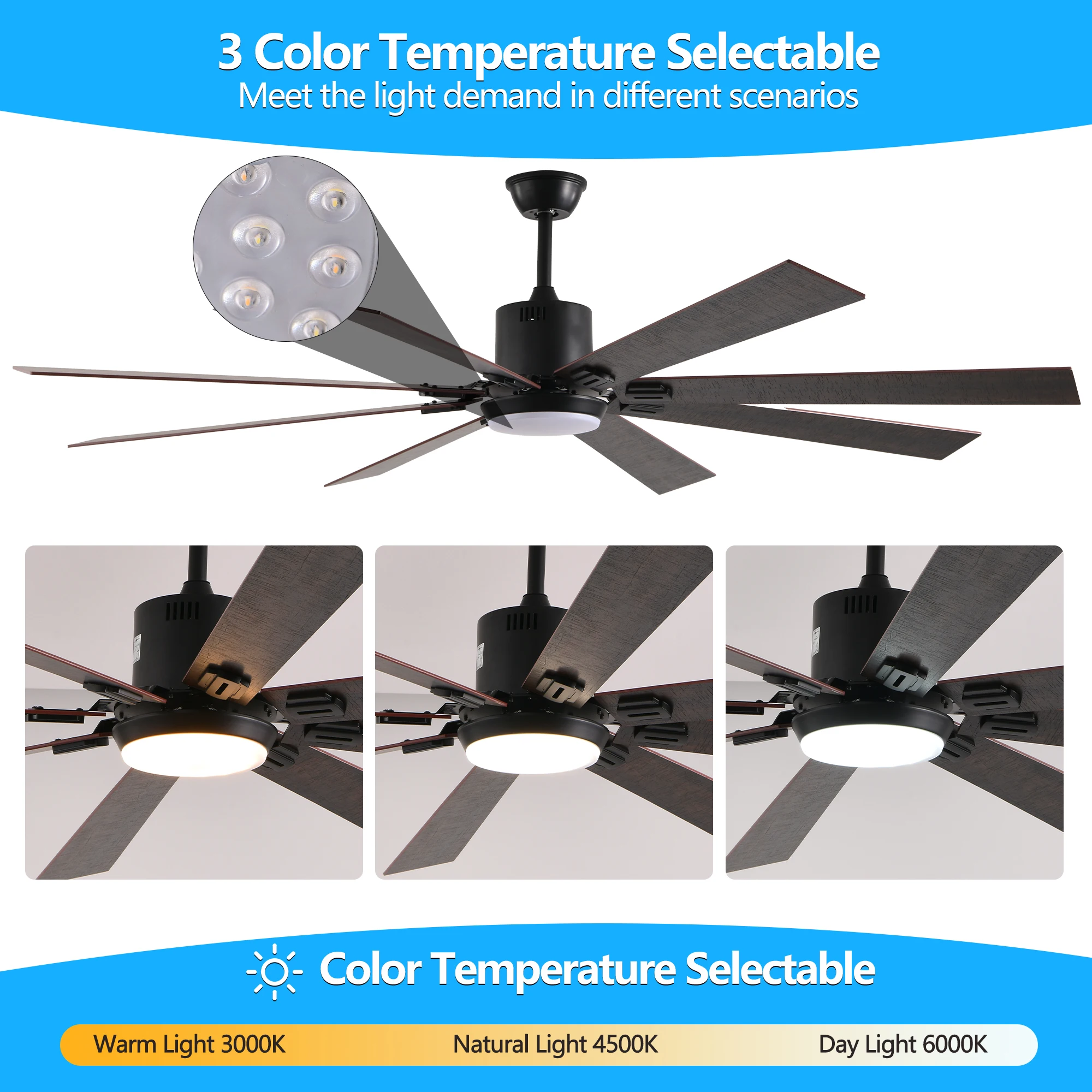 72 Inch Walnut LED Ceiling Fan Light with 8 Wooden Blades Remote Control Adjustable Color Temperature for Living Room Bedroom