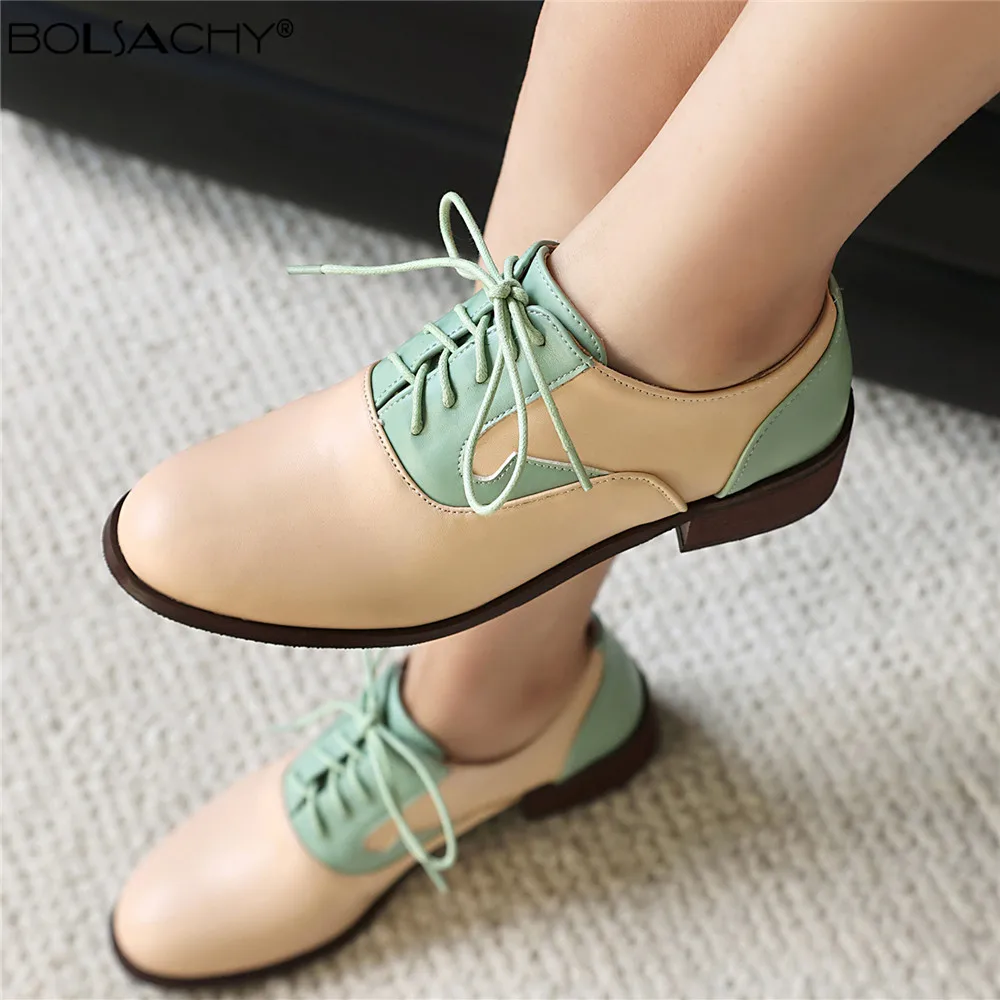 Spring Autumn Fashion Woman Lace-up Oxford Flats Round Toe Loafers Leather Derby New British Ladies Thick Heel Shoes Size 34-43