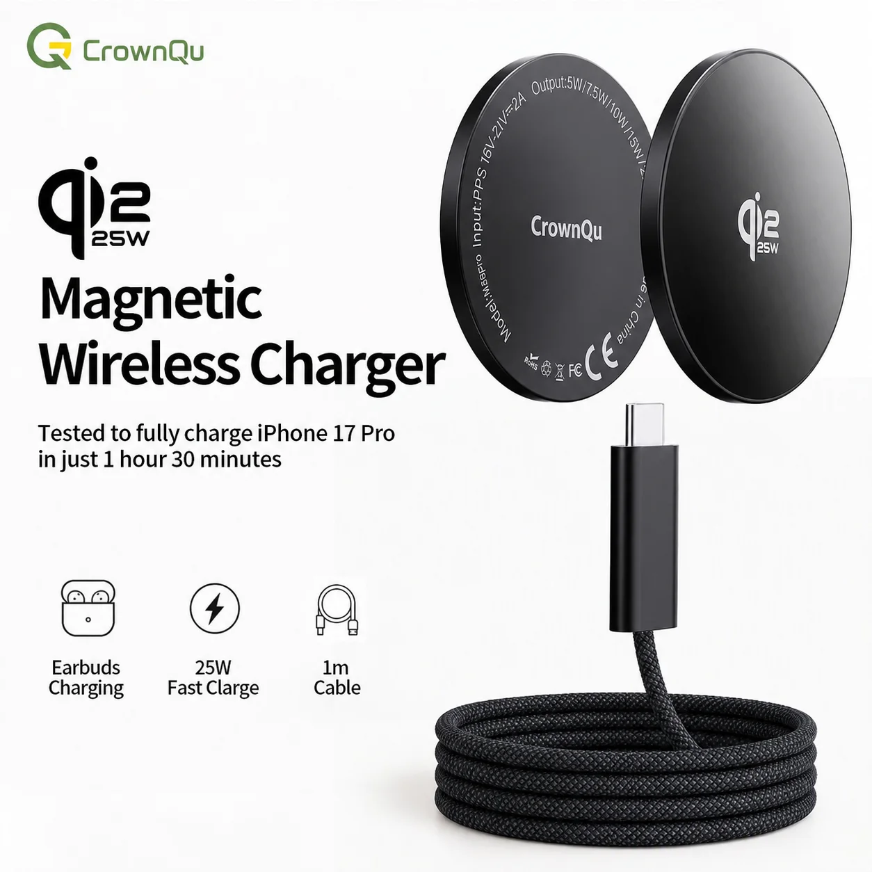 Qi2.2 Kabellose Ladegeräte 25W Magnetisches Induktions-Schnellladen für Macsafe iPhone 17 16 15 ProMax 5W Airpods-Serie Xiaomi Samsung