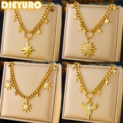 DIEYURO 316L Stainless Steel Golden Multi Layer Sun Star Cross Pendant Thick Necklace Women New Fashion Neck Chain Jewelry Gift