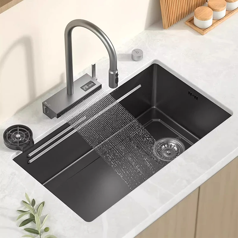 Washbasin Kitchen Sink Large Single Slot Stainless Steel Waterfall Sink Dishwashing Sink Household Undercounter Basin