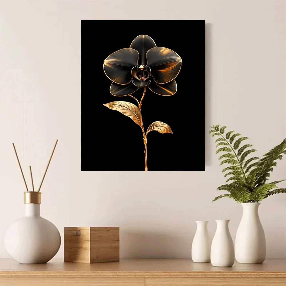 1pc frameless Canvas Painting 1PC-Unframed Canvas poster wall decoration  Golden Orchid Flower Art Print Black Background Elegan