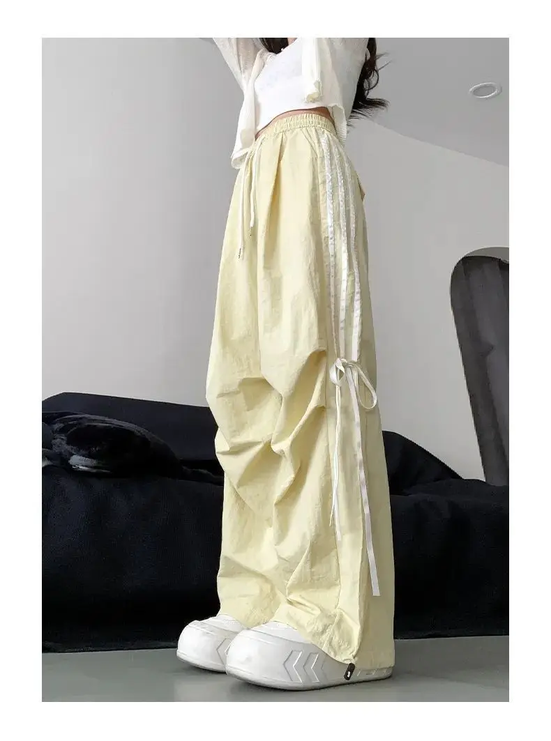 Milk yellow bow work pants women\'s summer 2024 new Korean high waisted slimming quick drying parachute wide leg pants