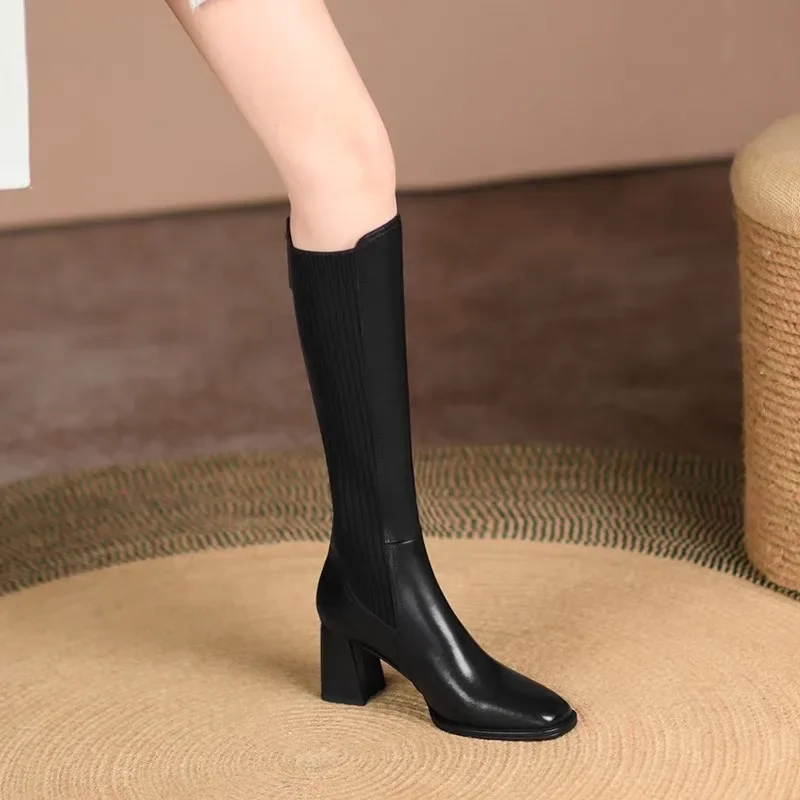 Knee High Boots Women Winter Warm Handmade High Quality Split Cow Leather ZIP Brown Black Block High Heels Long Boot Shoes