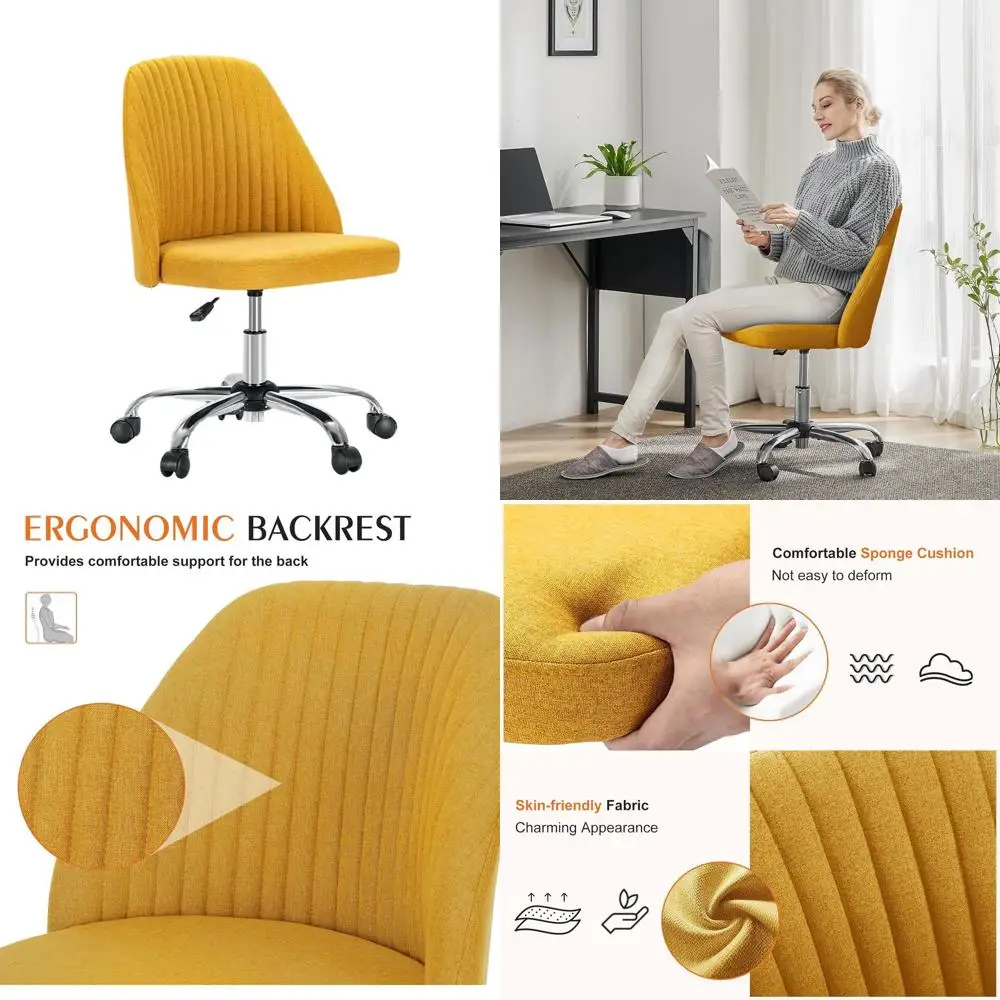 

Регулируемое офисное кресло с поворотным механизмом и колесиками для дома, кабинета или туалетного столика, с желтым мягким сиденьем