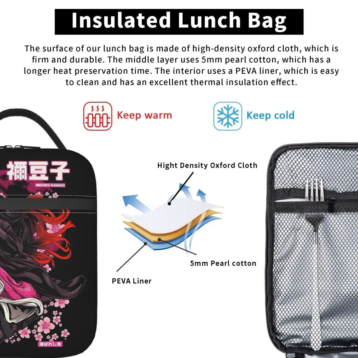 Custom Japanese Demon S-Slayer Insulated Lunch Bag for Outdoor Picnic Nezuko Kamado Resuable Cooler Thermal Lunch Box view 4