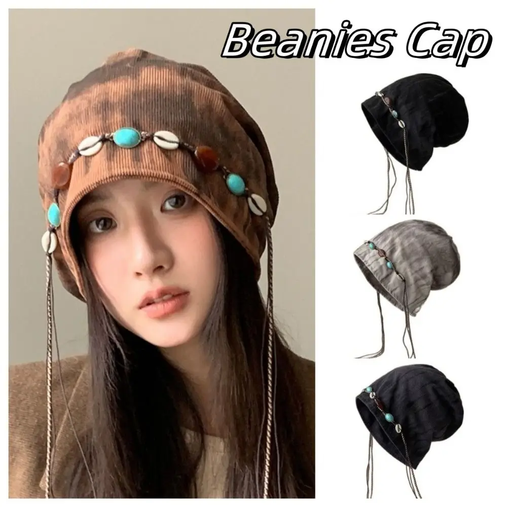 

Vintage Beaded Decor Y2k Baggy Cap Ethnic Style Versatile Beanies Cap Warm Big Head Circumference Pullover Hats Women