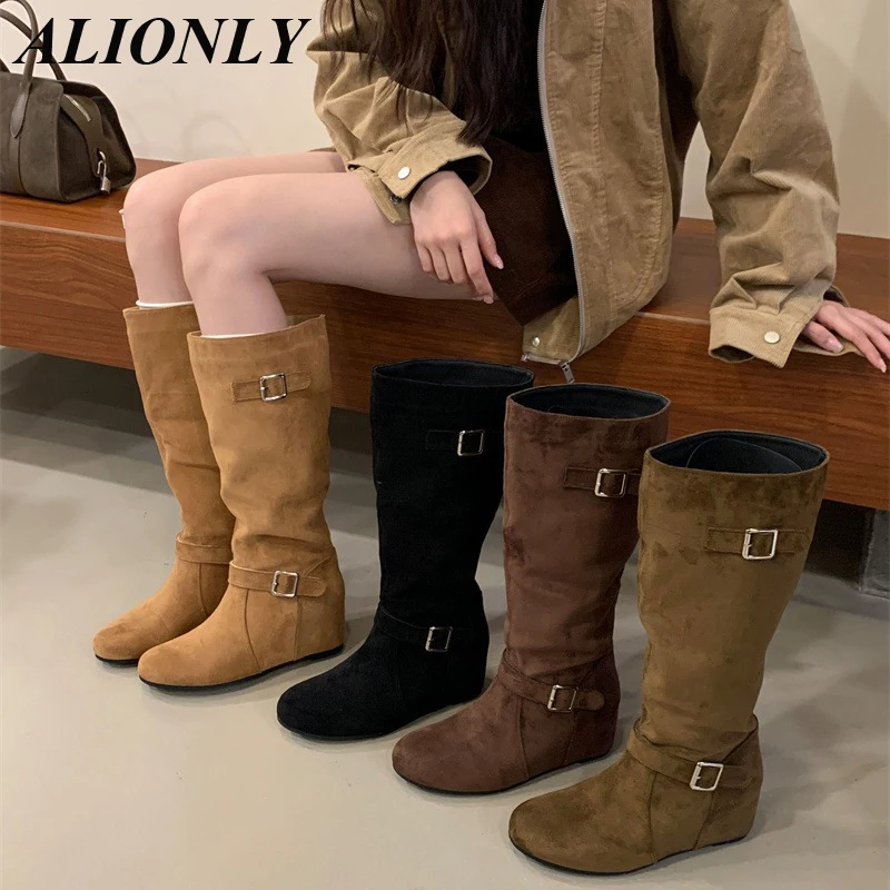 

Alionly 2026 New Belt Buckle Women Knee High Boots Fashion Pointed Toe Square Heels Long Booties Largas Mujer