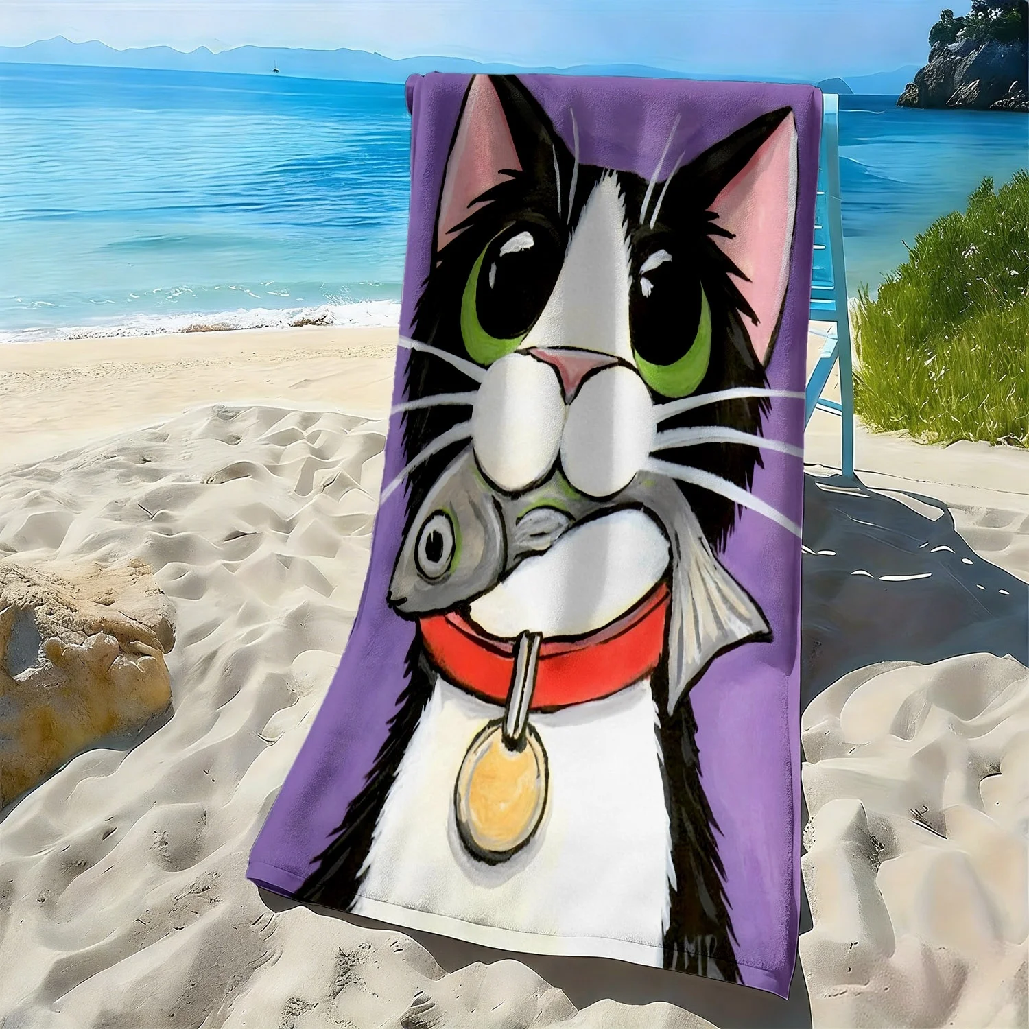 Cartoon cat holding a fish pattern polyester microfiber beach towel is highly absorbent, suitable for swimming and beach outings
