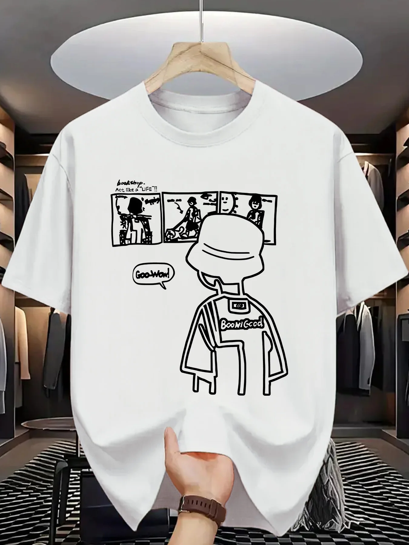 Line Art Graphic T Shirt For Men Bucket Hat Man Comic Sketch Crew Neck Tee Simple White Cartoon Print Casual Daily Tops