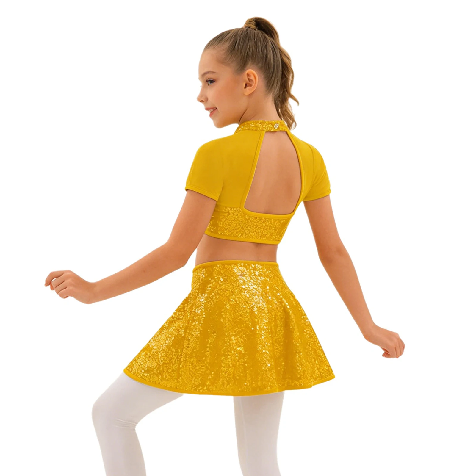Kids Girls Metallic Shiny Jazz Dance Outfit Short Sleeves Mesh Sequin Crop Tops with Skirt Cheerleading Ballet Gymnastic Costume