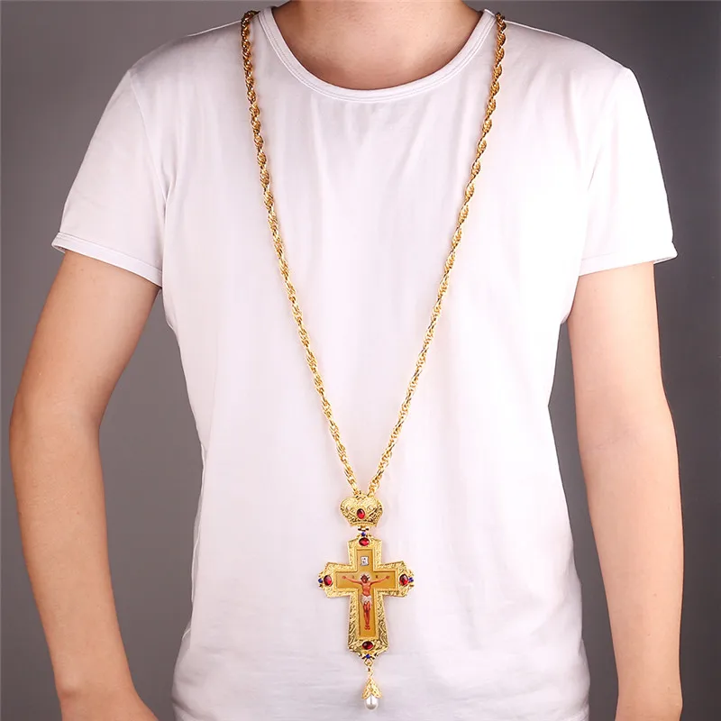 Pendant Necklace Gold Pectoral Cross Crucifix Clear Crystal for Virgin Mary Prayer Jesus Necklace Chain Religious Orthodox icon