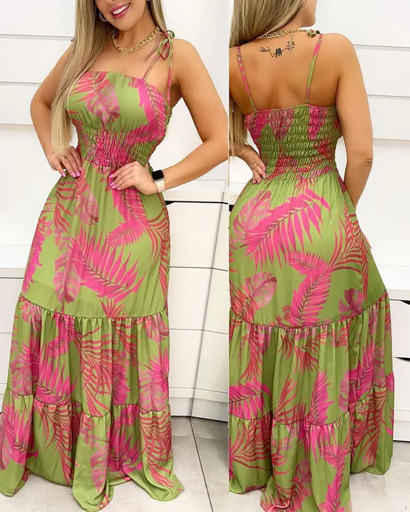 

Tropical Print Tied Detail Shirred Maxi Dress