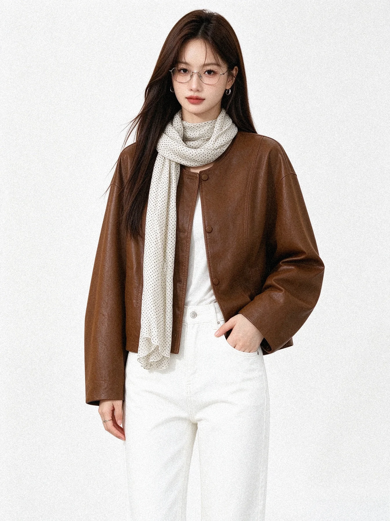 Retro Style round Neck PU Leather Jacket Loose Fit Short Coat Casual Fashion Basic Model No Fur Collar Autumn Season Women's ...