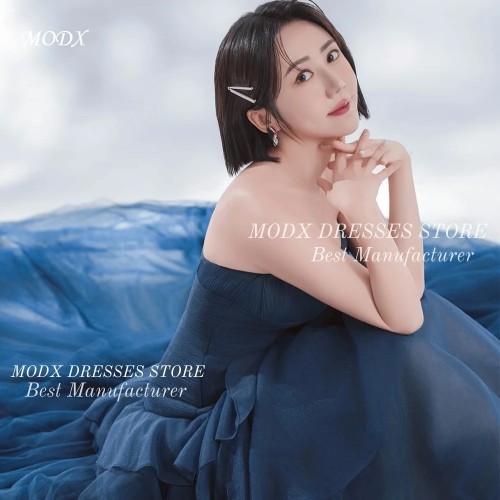 MODX Elegant Dark Blue Strapless Korean Wedding Dress Tiered Bridal Gown Floor Length Customized Vestidos Novias Boda Women