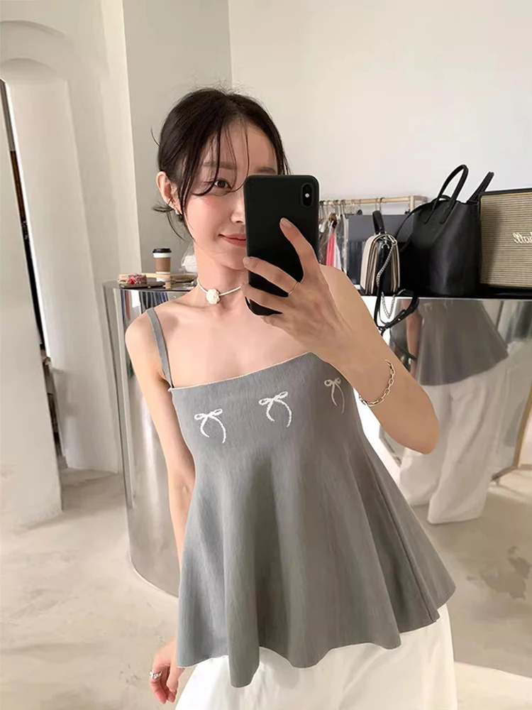 Clothland Women Sexy Bow Tie Print Knitting Camis Spaghetti Straps Sleeveless Backless Black Grey Shirt Tops Mujer WA244