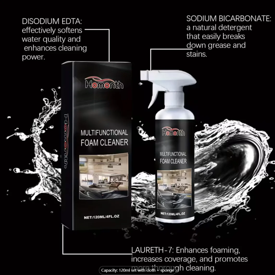 Homonth Multifunctional Foam Cleaner Kit, 120ml - All-In-One Car & Household Cleaning Spray with Towel & Sponge, No Rinse Stain