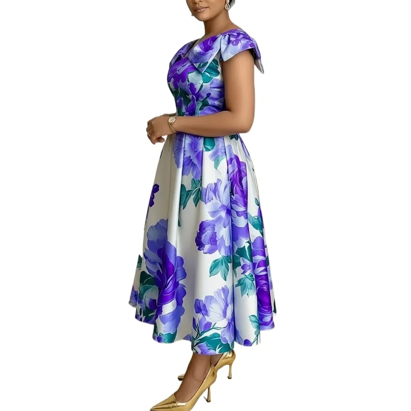 Female Floral Print Satin Evening Dresses 2026 Spring O Neck Lantern Sleeve Women's Dress Casual High Waist A-Line Pleated Dress