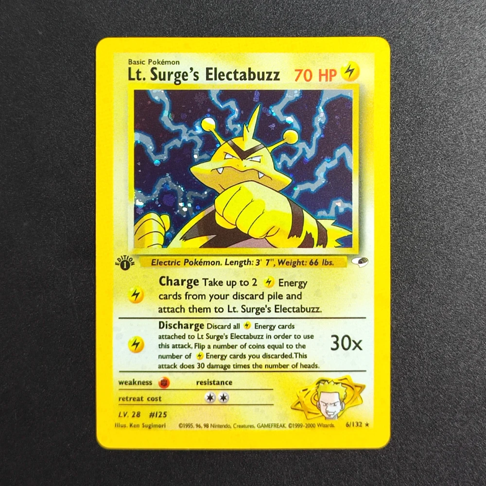 Proxy Pokemon Card EN Gym Challenge 1st Lt.Surges Electabuzz 6/132 Super Rare Collectibles Card Single Classic Anime Cards Toys