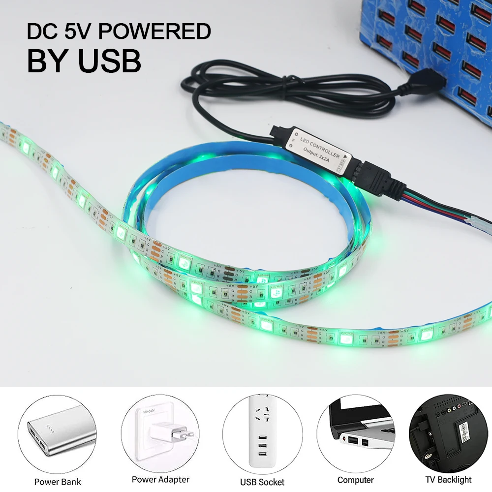 Tira de luces Led USB, cinta Flexible de diodo, lámpara de retroiluminación de TV, decoración de habitación, 5V, 30LED/m, RGB 5050, 0,5 M, 1M, 2M,