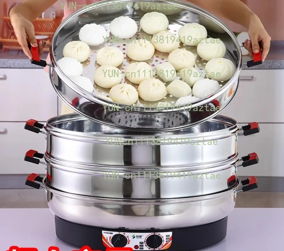 Large electric steamer commercial plug-in, thermal insulation stainless steel self-power-off, three-layer steamed steamed buns