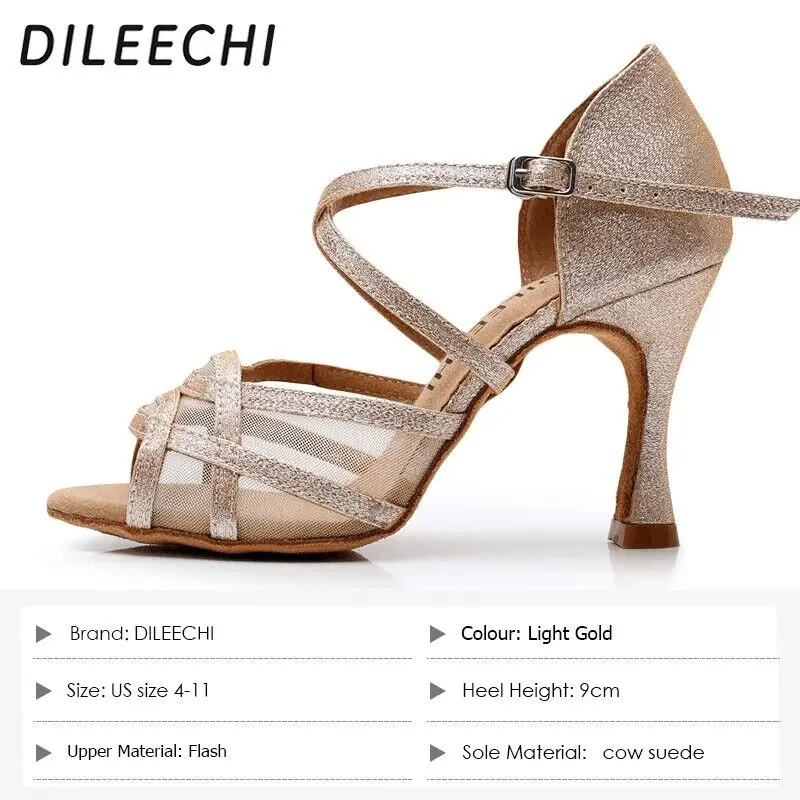 DILEECHI Women Latin dance shoes Light Gold Glitter Net Cuba High Heel 9cm 7.5cm Salsa Party Performance Ballroom dancing shoes