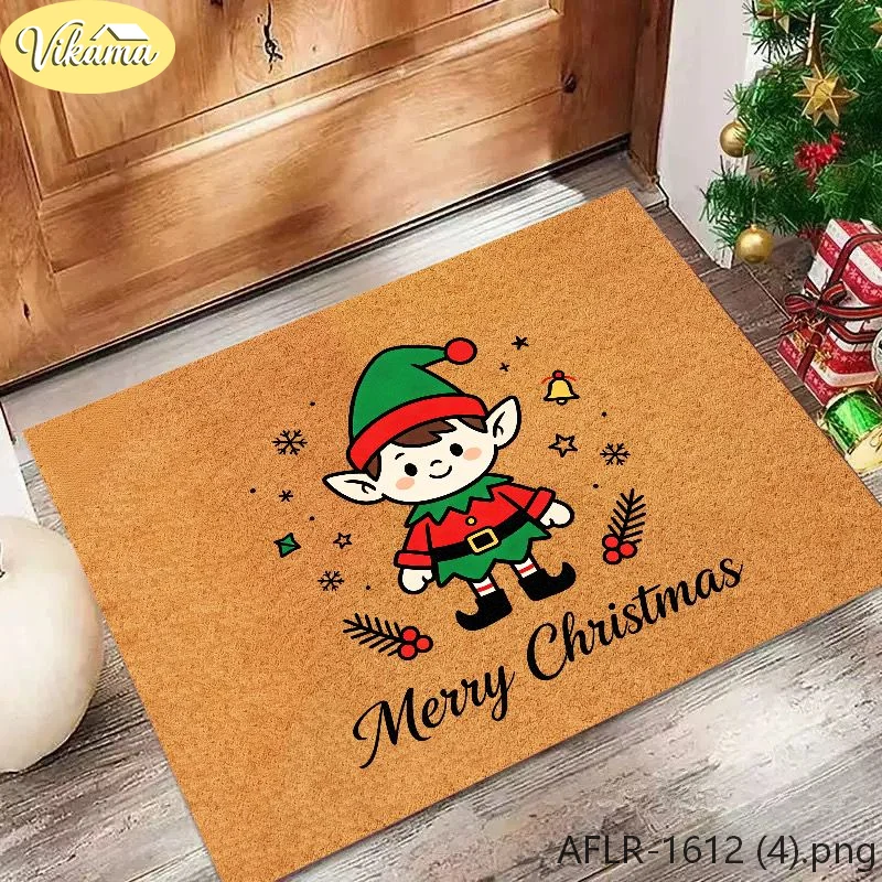 VIKAMA Christmas Entryway Rug Cartoon Christmas Elf Print Non-Slip Absorbent Indoor Foyer Floor Mat, Festive Holiday Party Decor