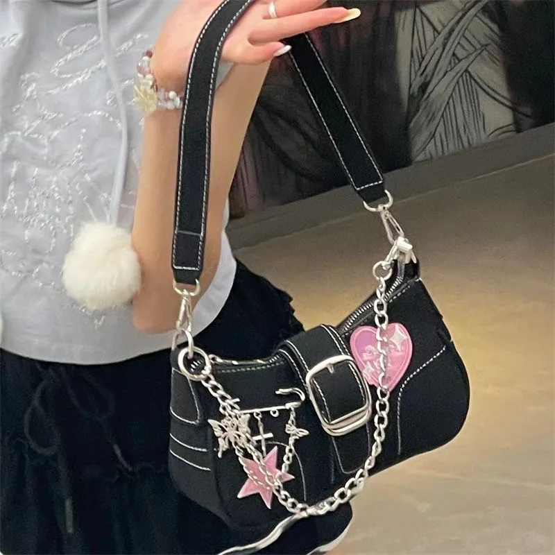 Borse a tracolla stile Y2K modello stella per donna spilla a farfalla borsa a forma di cuore Grunge con Design a catena piccola borsa quadrata