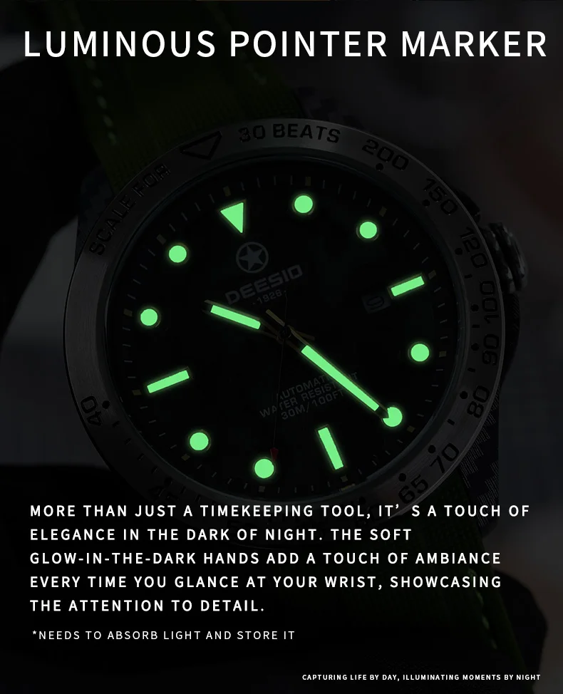 Dessio Men's Automatic Mechanical Watch | Upgrade Carbon Fiber Case Sturdy & Durable About 80g | 30M Waterproof | Luminous Dial | Date & Day Display | Trendy & Elegant Design for Business/Casual/Outdoor | Silicone Green Watch Strap | Lightweight & Sport |