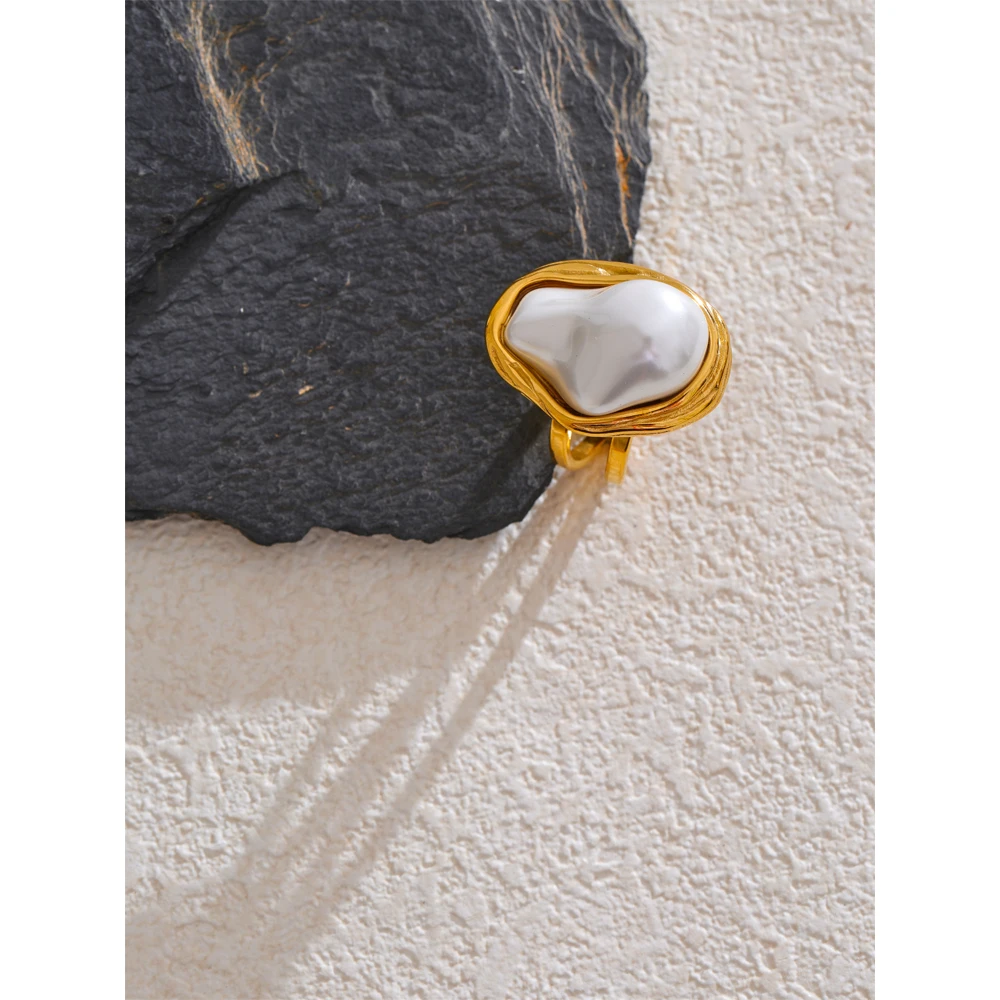 Yhpup Fashion Baroque Simulated Pearls Vintage Open Ring for Women Stainless Steel Golden Charm Finger Jewellery Wholesale