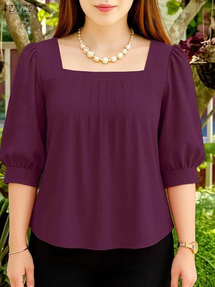 ZANZEA Camicia da ufficio estiva Donna Elegante collo quadrato Manica a 3/4 Camicette da lavoro Elegante tunica a pieghe solida Top Blusas allentati 2025