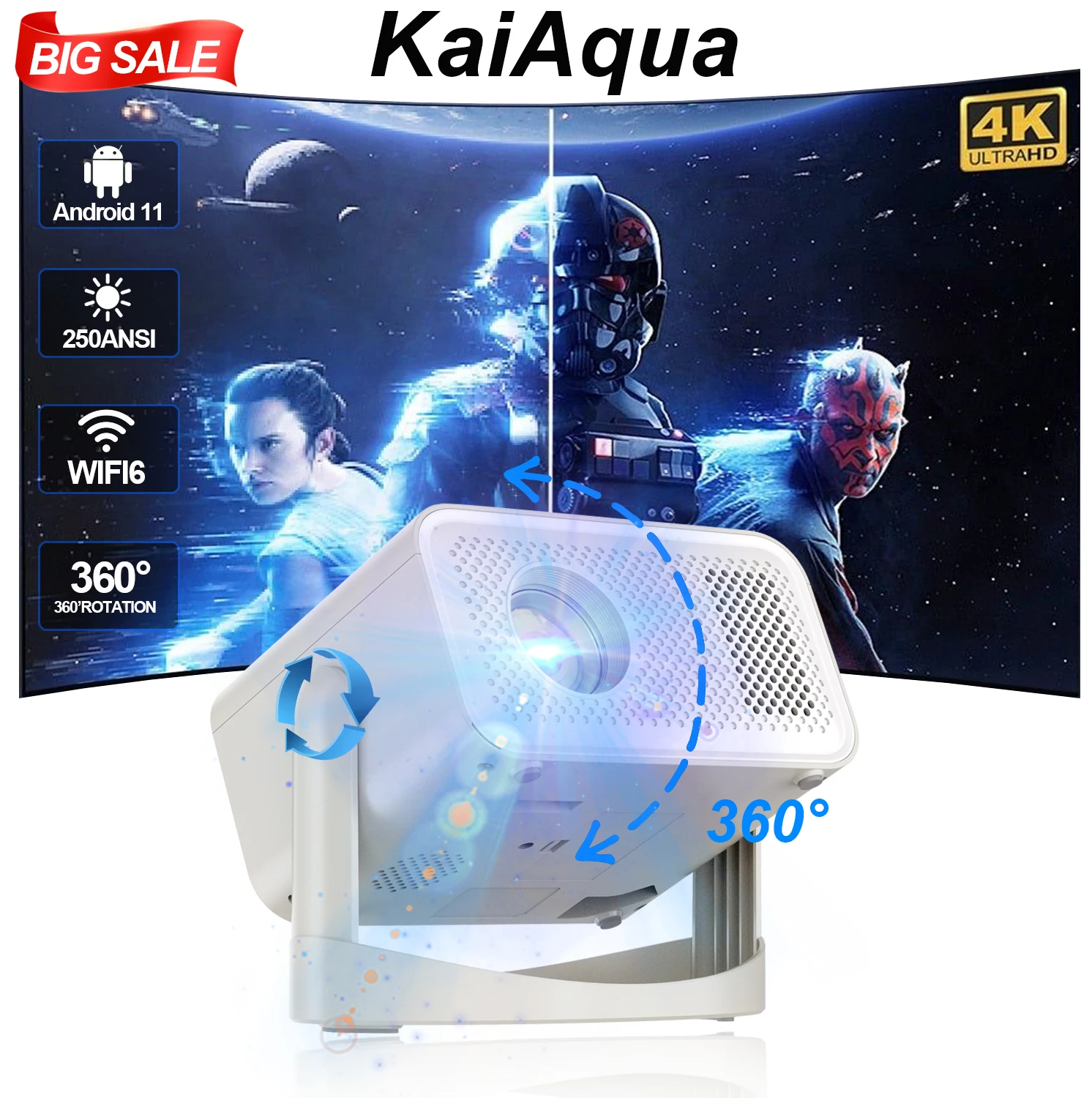 جهاز عرض KaiAqua HT23 PLUS 4K Android 11 Dual Wifi6 260ANSI Allwinner H713 BT5.0 1080P 1280*720P جهاز عرض خارجي للسينما المنزلية