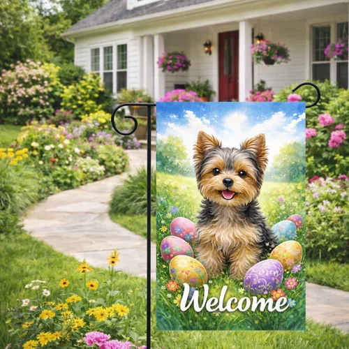 Yorkshire Terrier Welcome Garden Flag Yorkie Dog Easter Spring Yard Decor 12x18